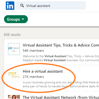 Screenshot taken from the Social network LinkedIn showing the search for groups where Virtual assistants can be found.