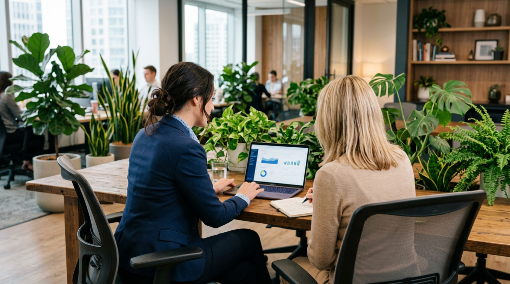 Two women working together with laptop showing charts in plant-filled office